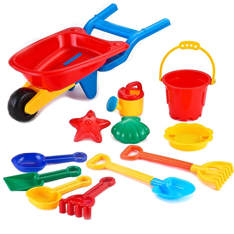 Beach Sand Toy Set Including Trolley Cart Models and Molds Bucket Shovels and Rakes in Reusable Zippered Bag